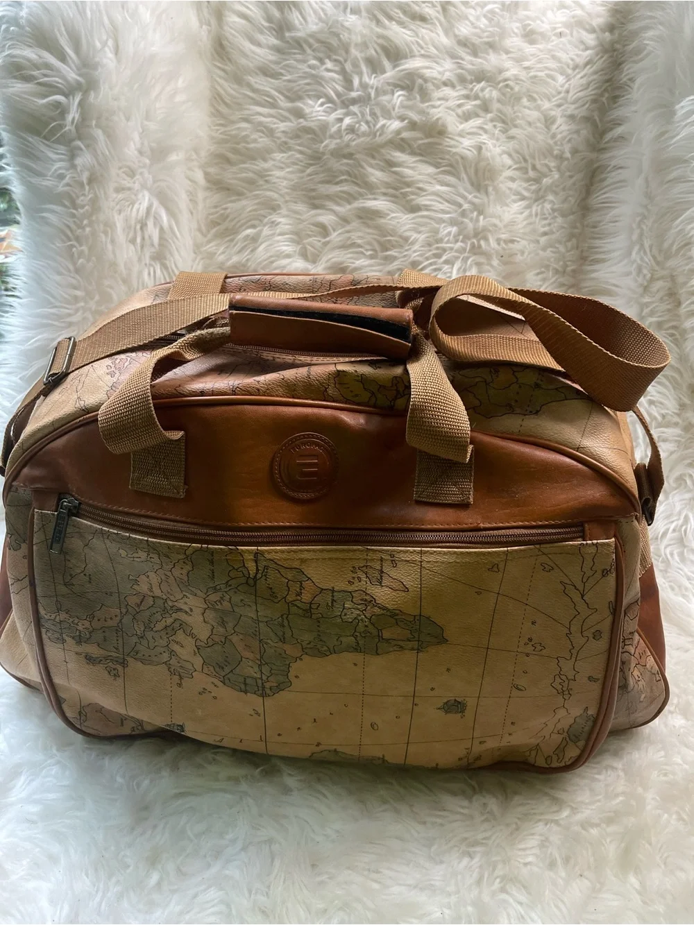 Vintage Europac world Map Travel Duffel Bag synthetic leather tan , brown trim.